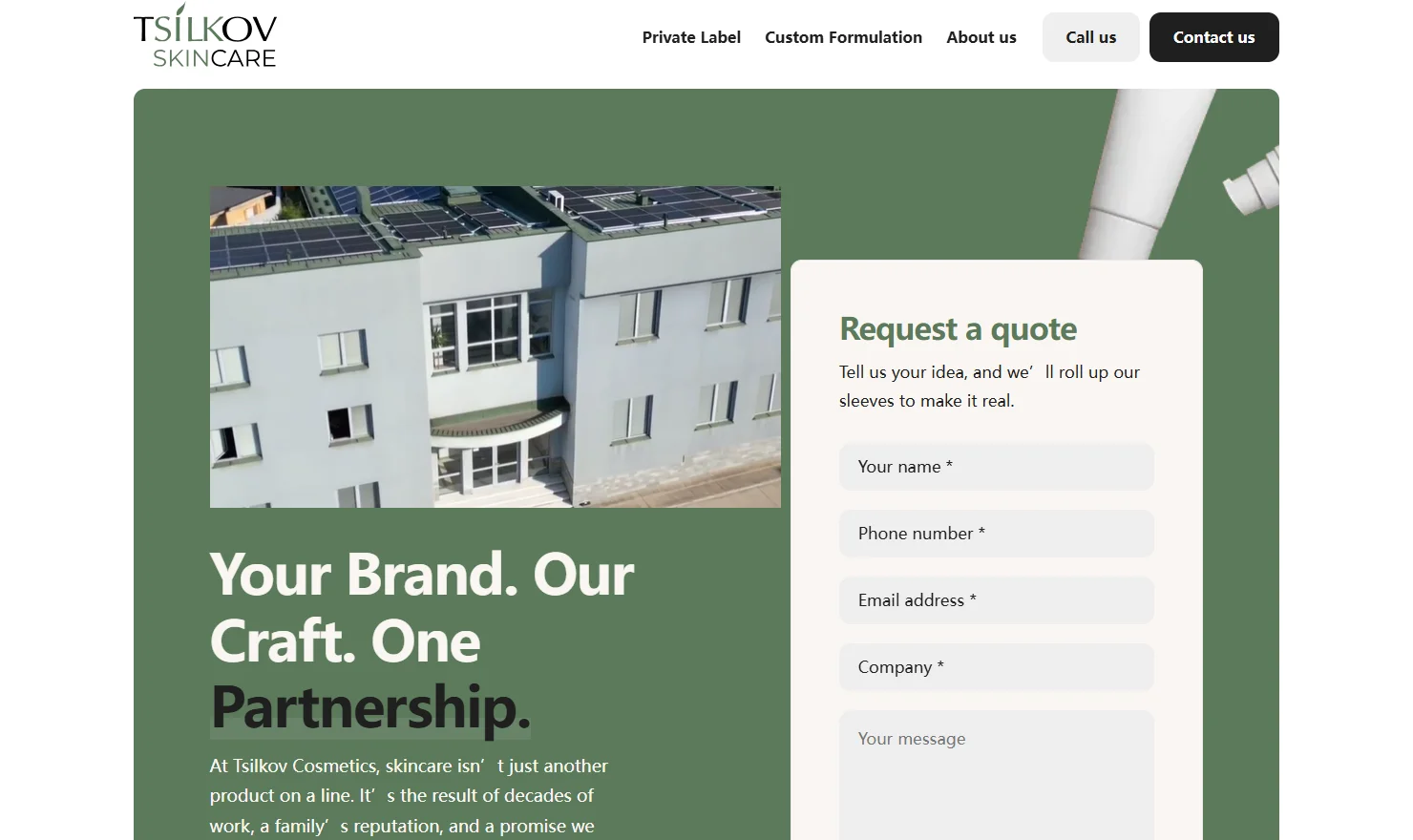 Tsilkov Skincare website with a request a quote form and building image. Includes branding and contact options.